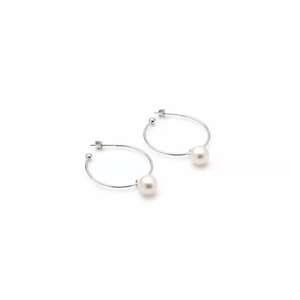 Japanese Akoya Pearl Drop Hoop Earrings - 18K White Gold Plated Sterling Silver