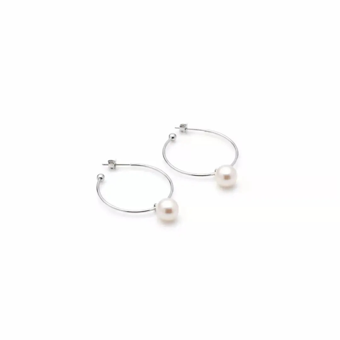 Japanese Akoya Pearl Drop Hoop Earrings - 18K White Gold Plated Sterling Silver