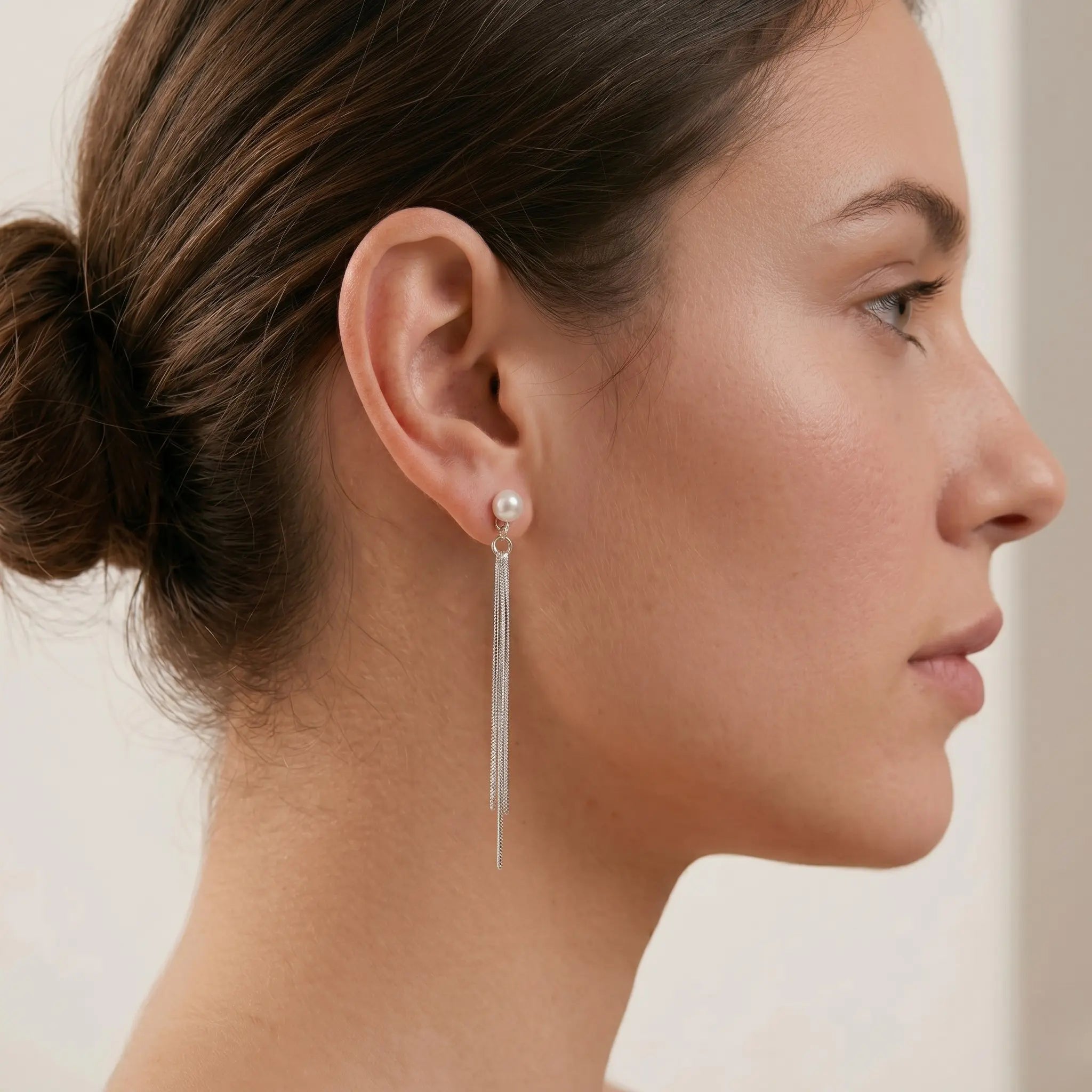 Japanese Akoya Pearl Long Chain Dangle Earrings - 18K White Gold Plated Sterling Silver