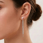 Japanese Akoya Pearl Long Chain Dangle Earrings - 18K White Gold Plated Sterling Silver