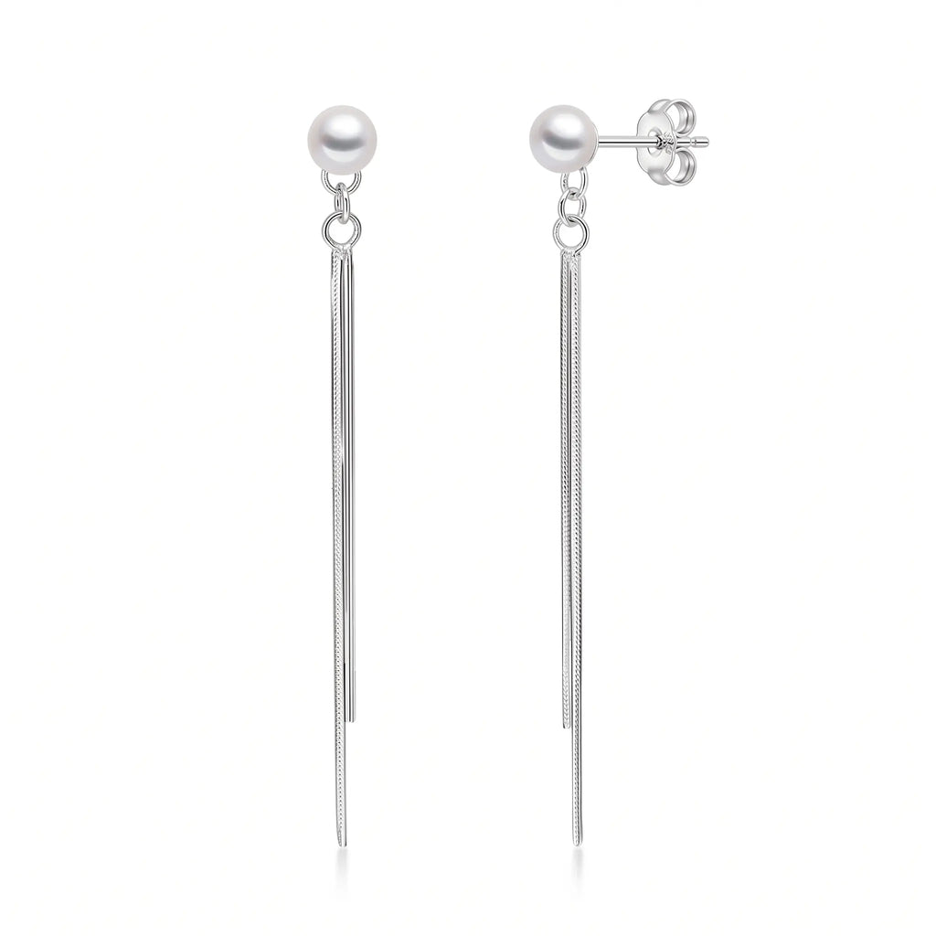 Japanese Akoya Pearl Long Chain Dangle Earrings - 18K White Gold Plated Sterling Silver