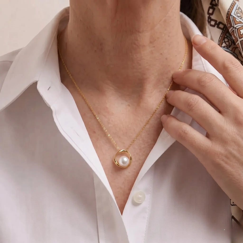 7-7.5mm White Cultured Freshwater Pearl Mobius Loop Pendant Necklace