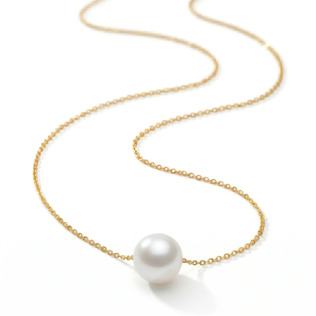 Solid 18K Gold Floating Freshwater Pearl Necklace Pendant 9-9.5mm
