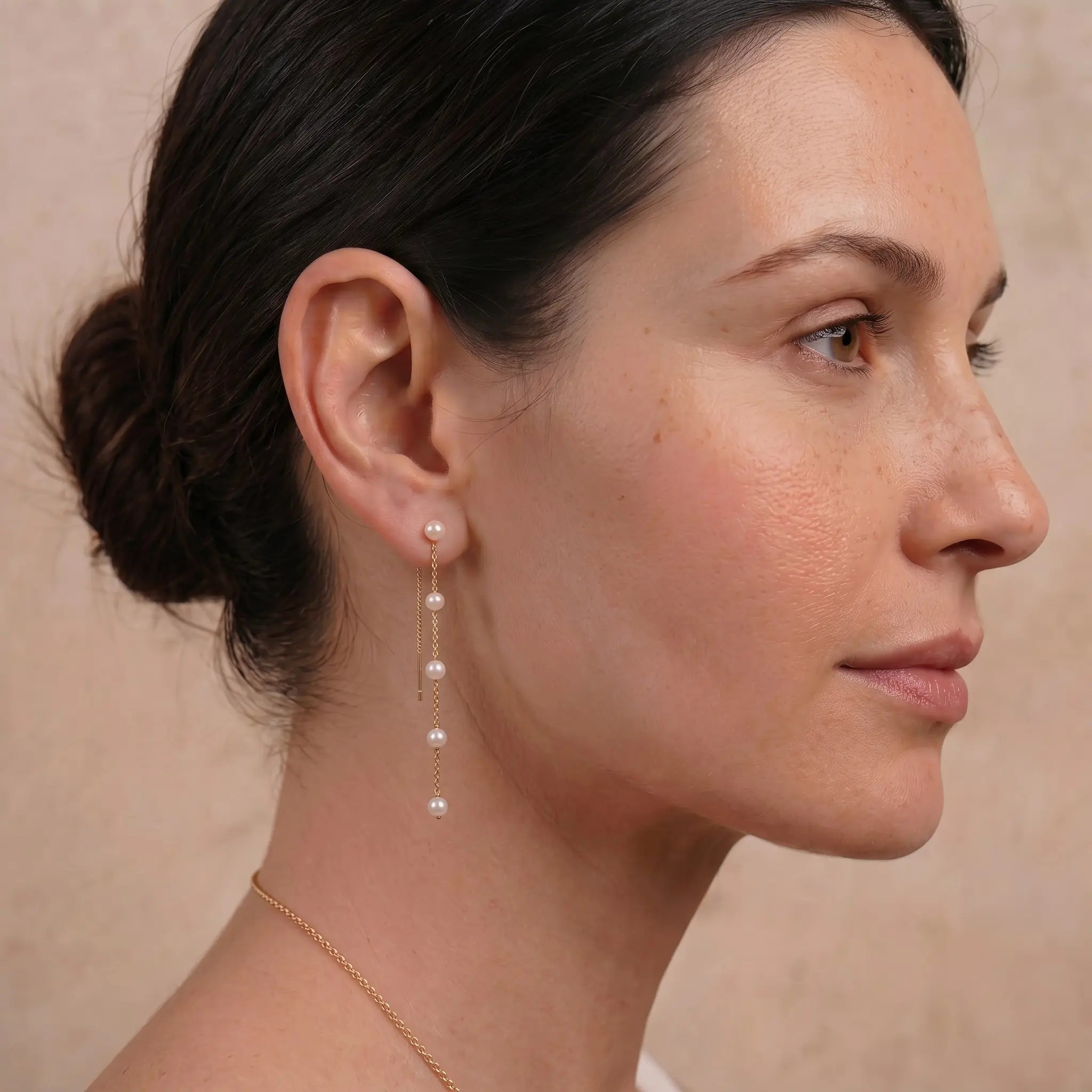 18K Solid Gold Akoya Pearl Ear Threaders - Genuine Japanese Sea Pearl Long Chain Drop Earrings