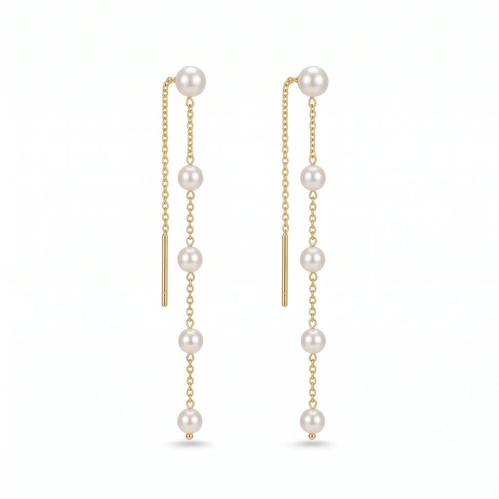 18K Solid Gold Akoya Pearl Ear Threaders - Genuine Japanese Sea Pearl Long Chain Drop Earrings