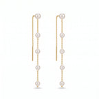 18K Solid Gold Akoya Pearl Ear Threaders - Genuine Japanese Sea Pearl Long Chain Drop Earrings