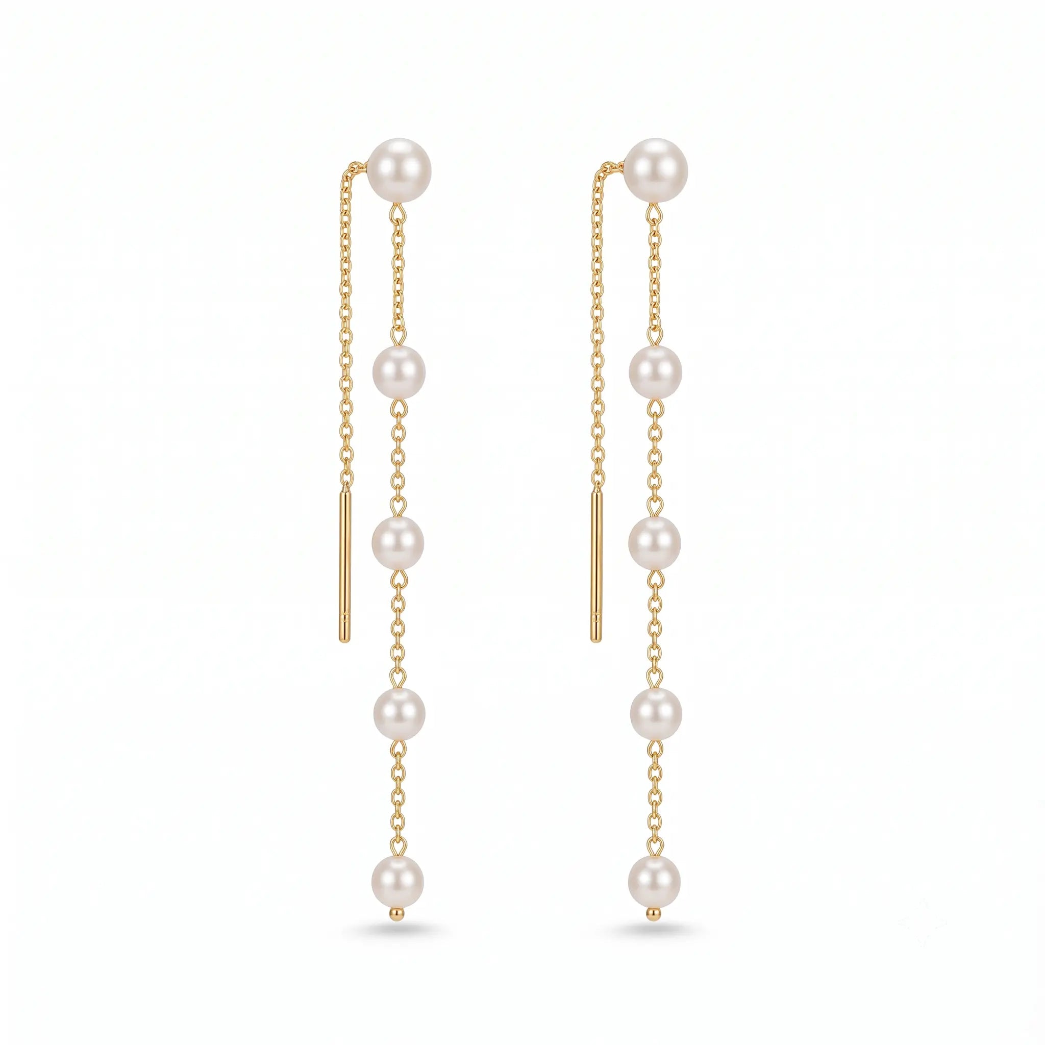 18K Solid Gold Akoya Pearl Ear Threaders - Genuine Japanese Sea Pearl Long Chain Drop Earrings