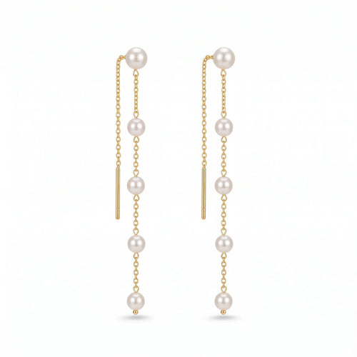 18K solid gold Japanese Akoya pearl threader earrings featuring five luminous pearls with a delicate cascading drop design.