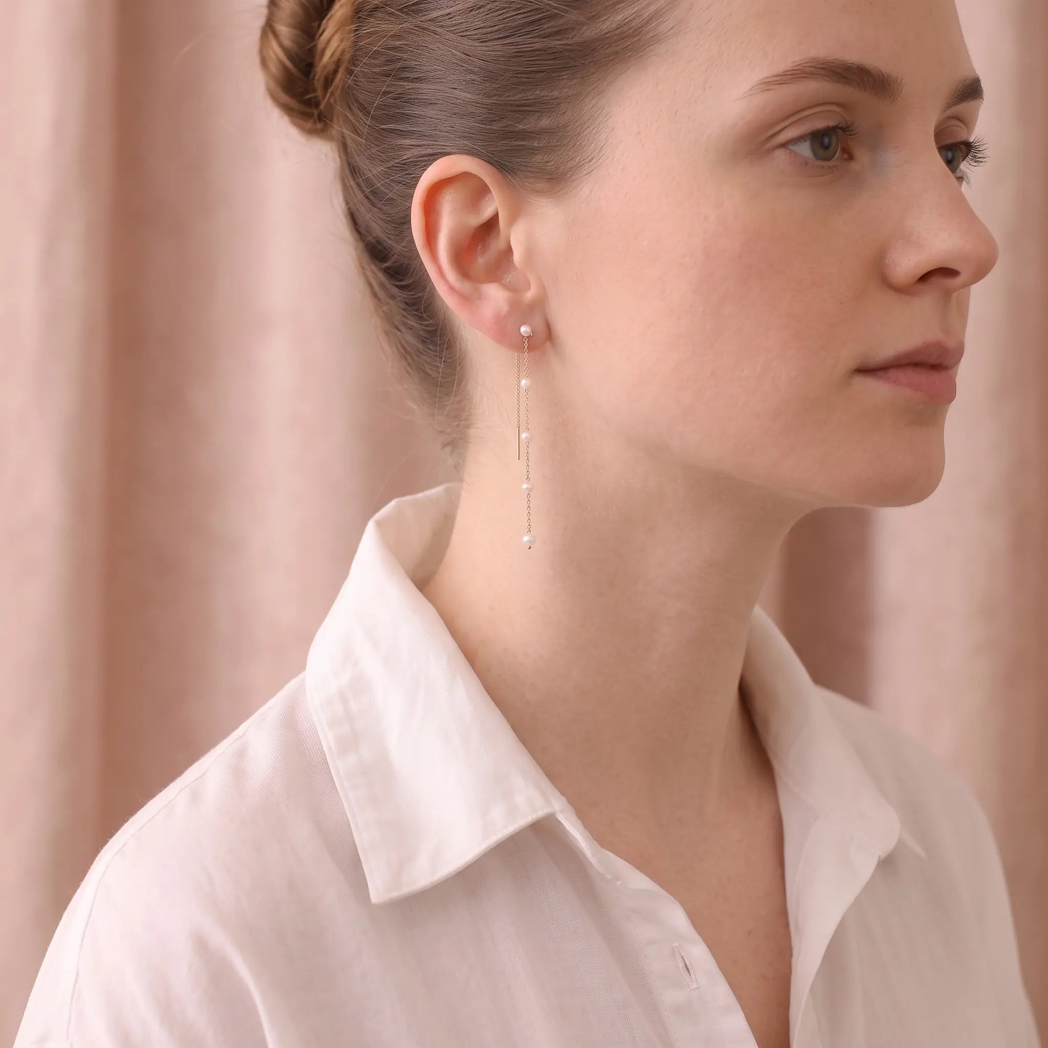 18K Solid Gold 3-3.5mm Japanese Akoya Pearl Ear Threaders for Women