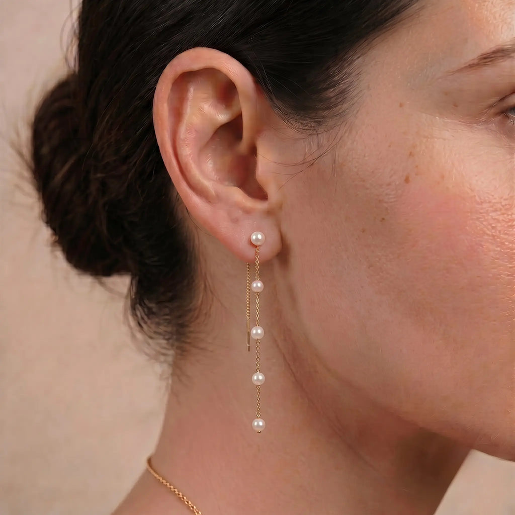18K Solid Gold Akoya Pearl Ear Threaders - Genuine Japanese Sea Pearl Long Chain Drop Earrings