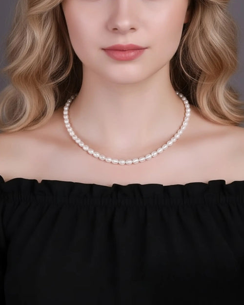 Alina Classic – AAA Aurora Warm Glow Rice Pearl Necklace in 925 Sterling Silver