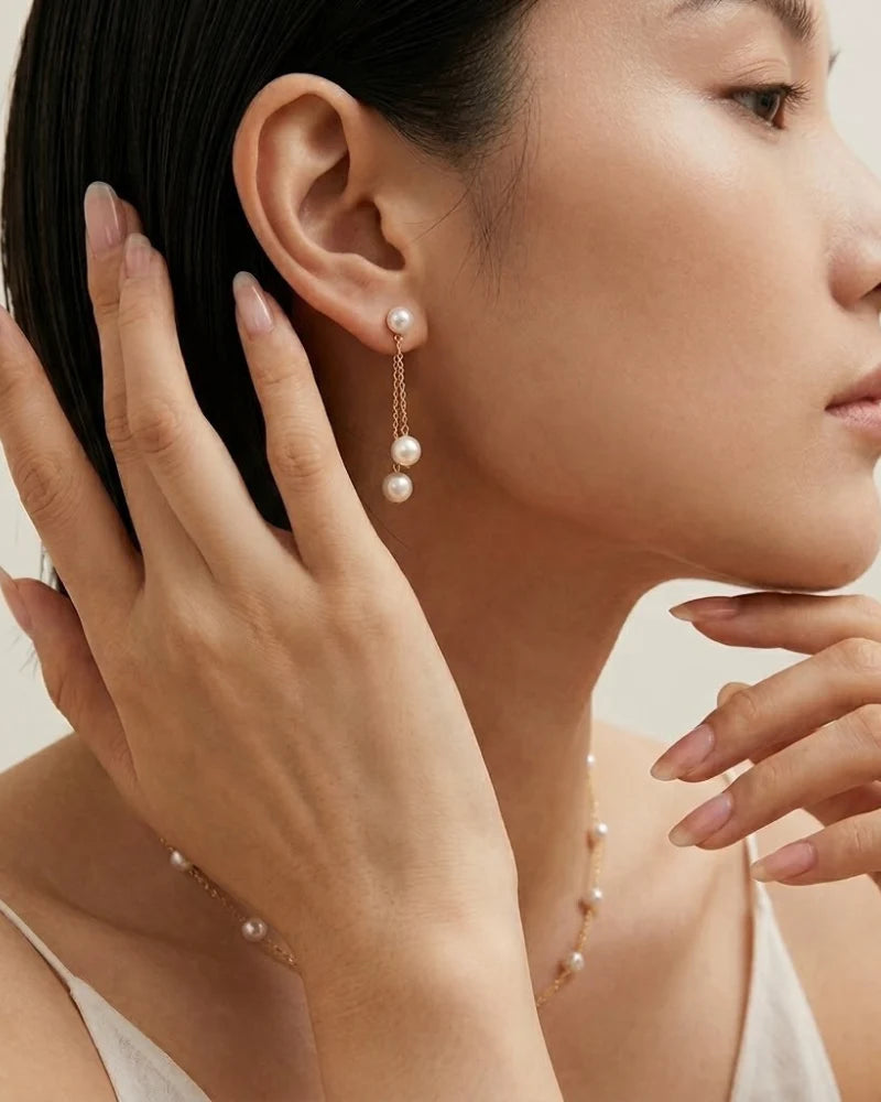18K Gold Japanese Akoya Pearl Drop Earrings, 5-5.5mm Genuine White Pearls