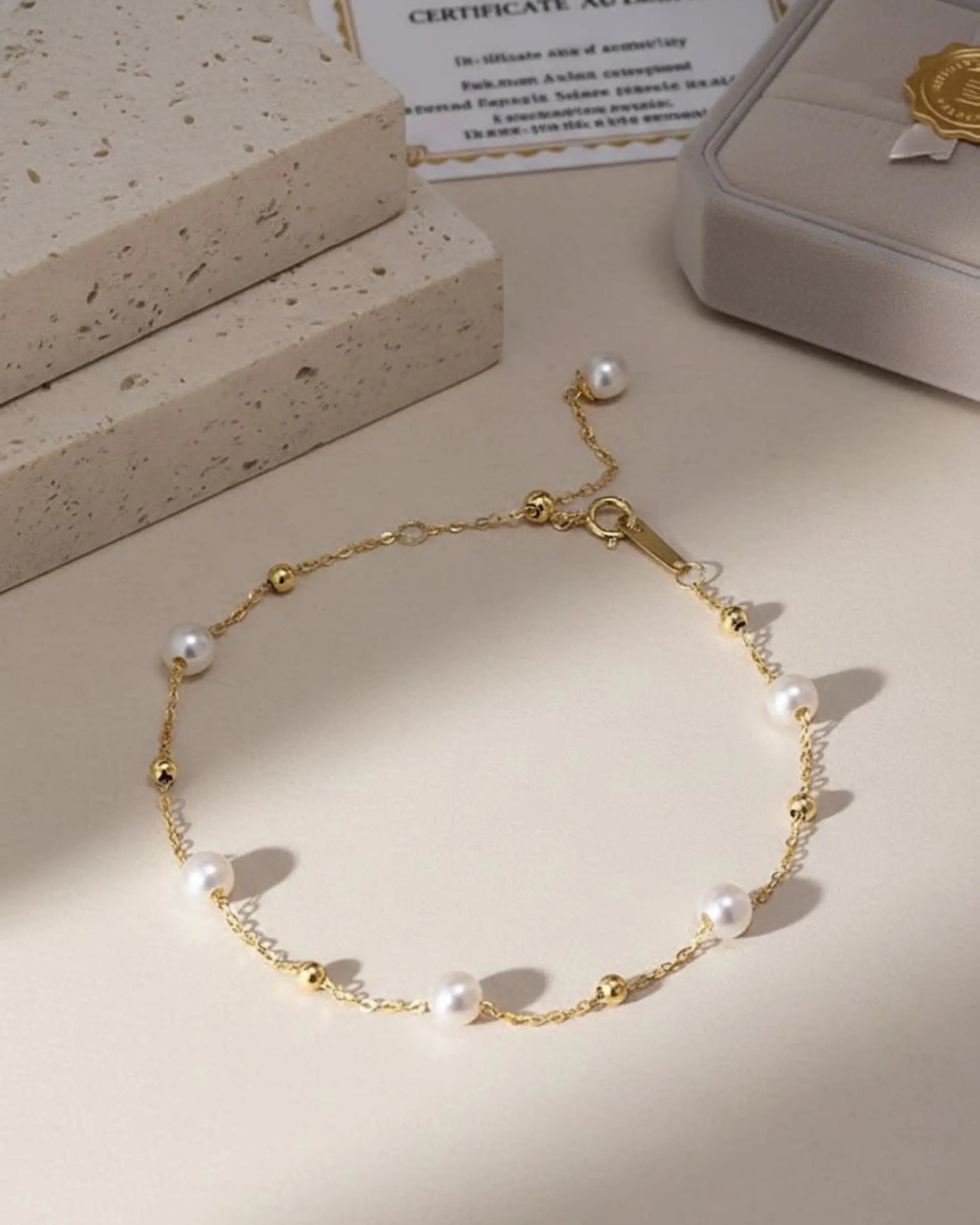 Astrina – 18K Solid Gold AAA+ Akoya Pearl Station Bracelet