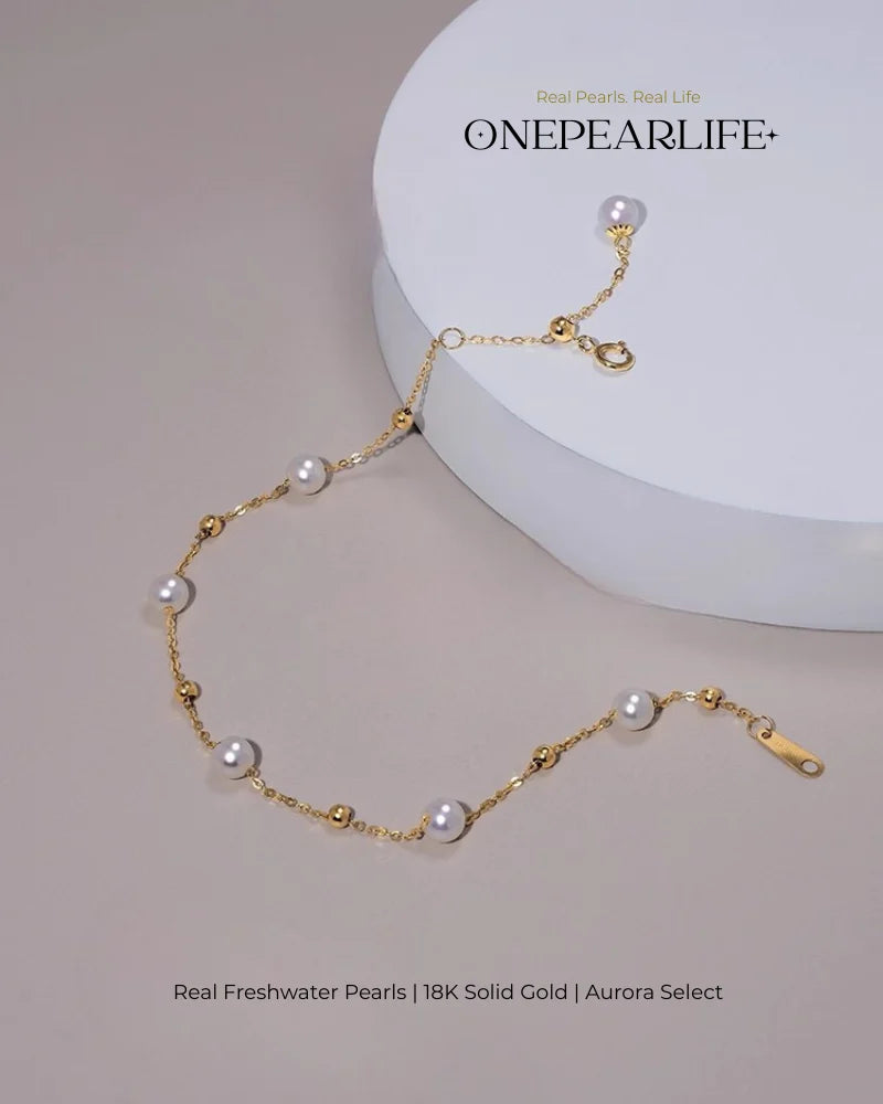 Astrina – 18K Solid Gold AAA+ Akoya Pearl Station Bracelet
