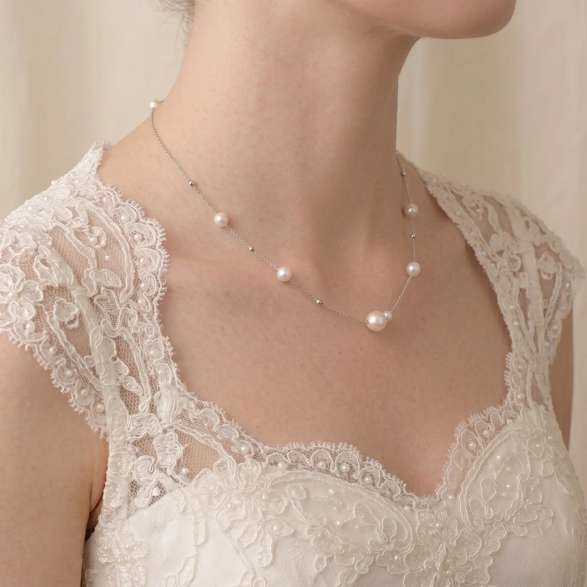 Bridal Pearl Necklace - Asymmetric 3-4.5mm Freshwater Station Choker 925 Sterling Silver for Bride