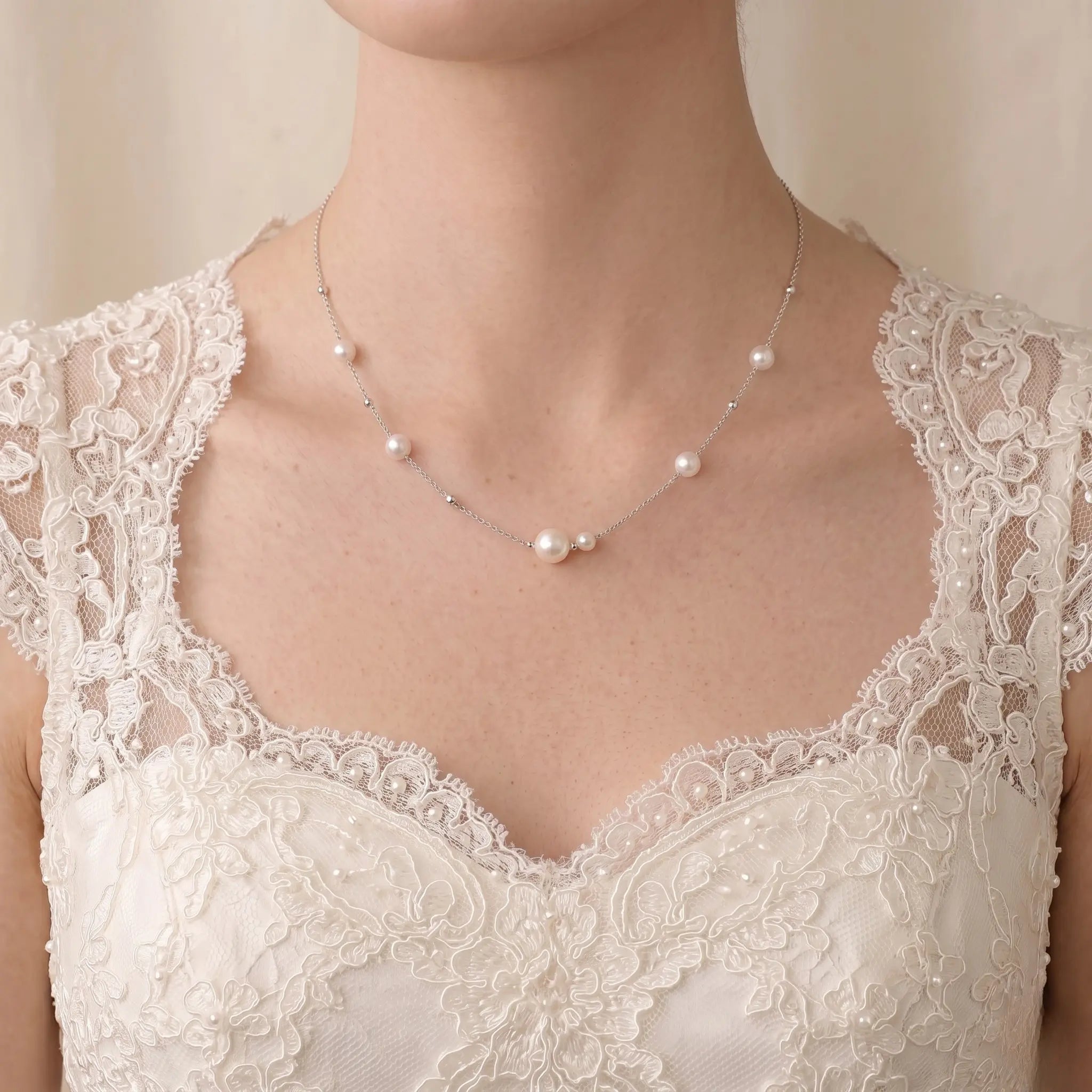 Bridal Pearl Necklace - Asymmetric 3-4.5mm Freshwater Station Choker 925 Sterling Silver for Bride