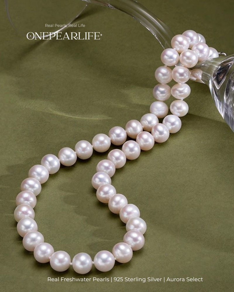 Aurelia – AAA Quality Round Aurora Natural Freshwater Pearl Necklace | 7–9.5mm | 925 Sterling Silver Onepearlife