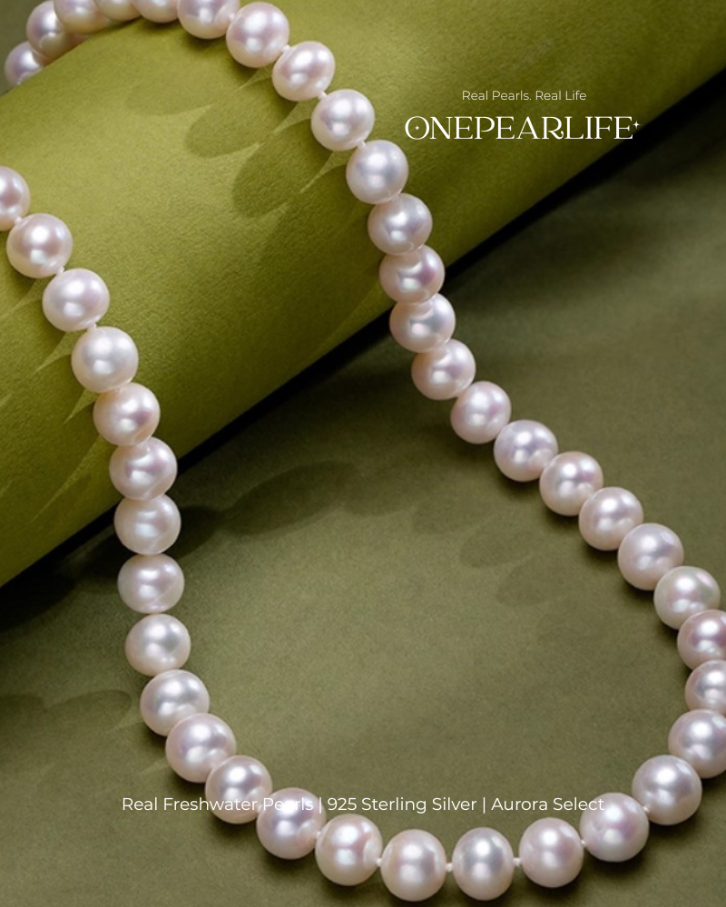 Aurelia – AAA Quality Round Aurora Natural Freshwater Pearl Necklace | 7–9.5mm | 925 Sterling Silver Onepearlife