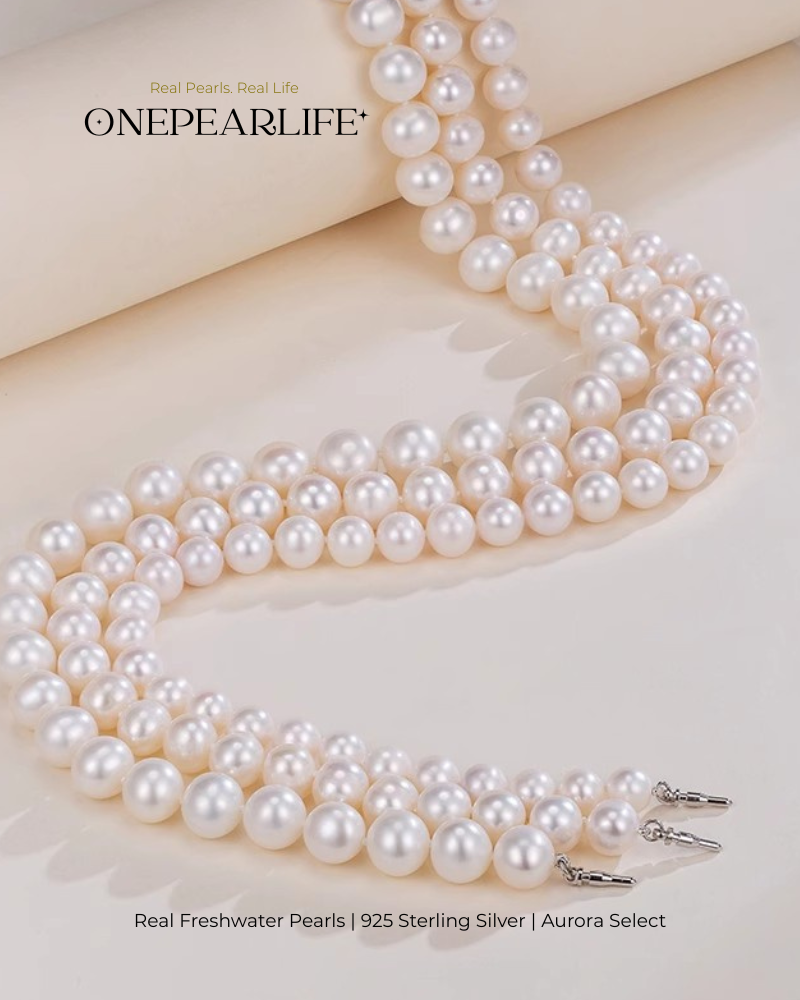 Aurelia – AAA Quality Round Aurora Natural Freshwater Pearl Necklace | 7–9.5mm | 925 Sterling Silver Onepearlife
