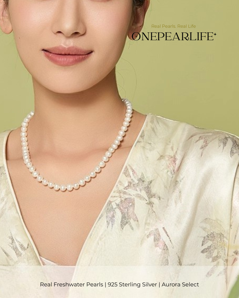 Aurelia – AAA Quality Round Aurora Natural Freshwater Pearl Necklace | 7–9.5mm | 925 Sterling Silver Onepearlife
