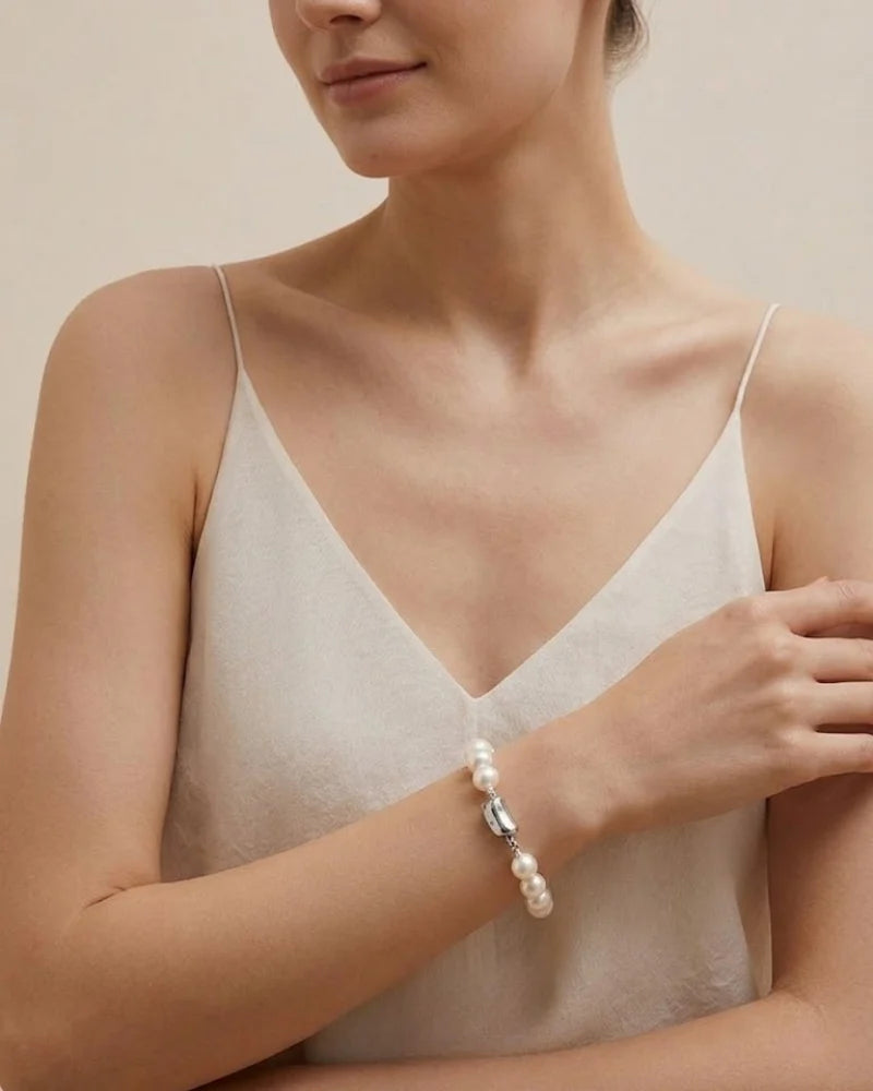 9-9.5mm Bold White Freshwater Pearl Bracelet, S925 Sterling Silver Jewelry