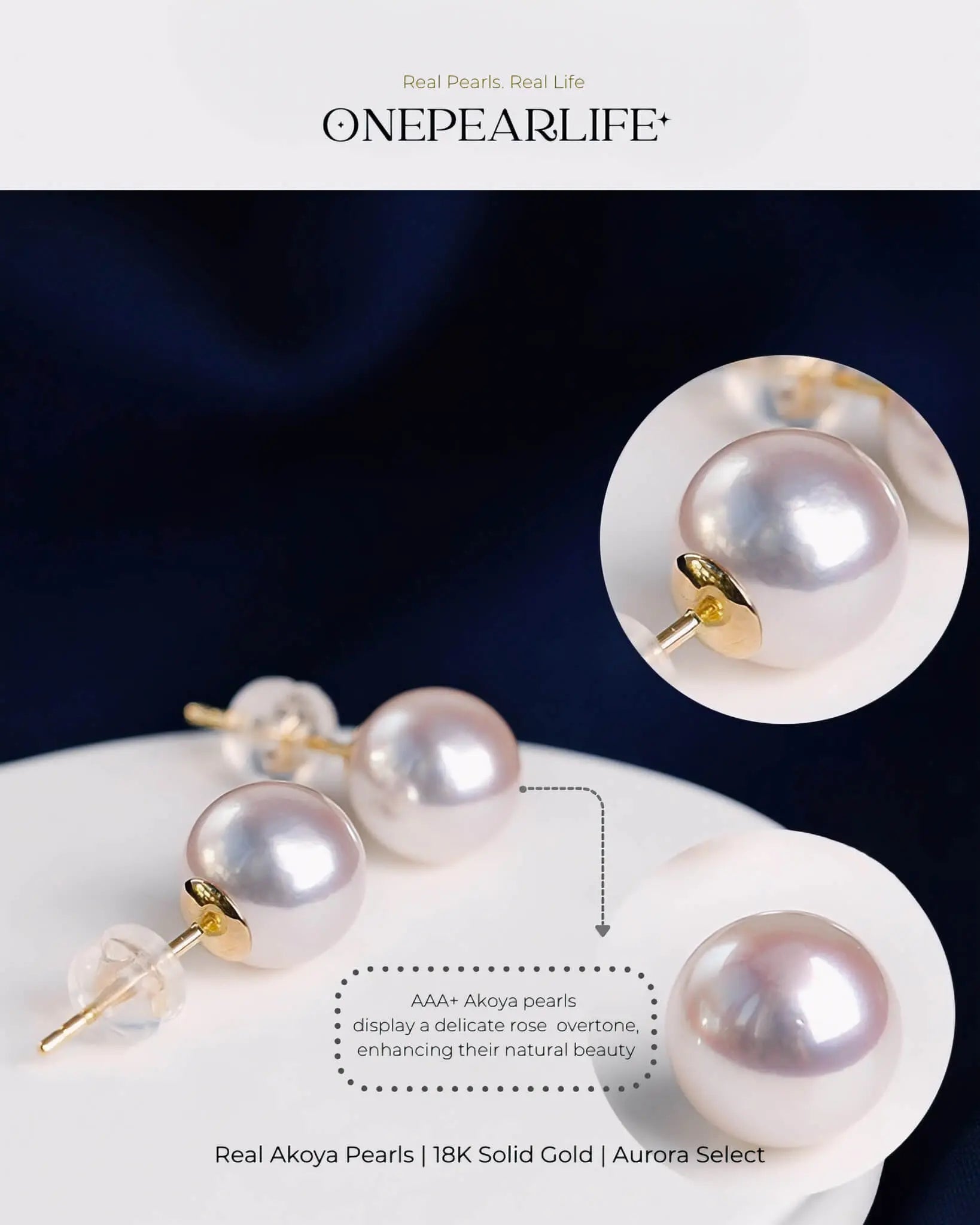 Aya – AAA+ Japanese Akoya White Pearl Stud Earrings | 4–7.5mm | 18K Solid Gold
