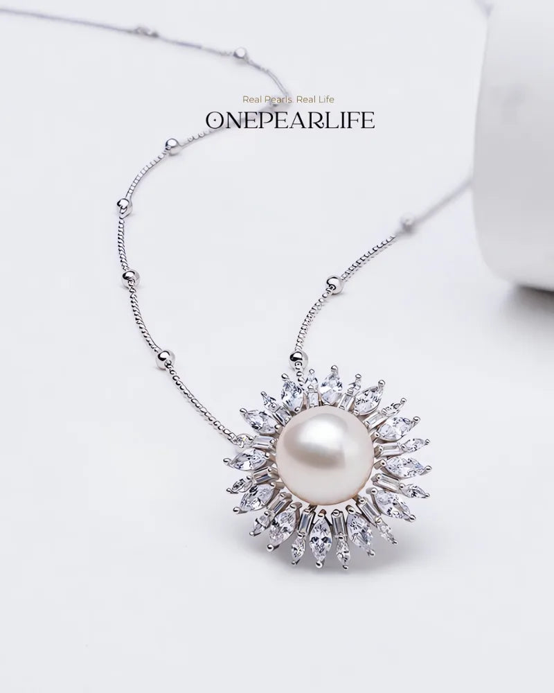 BigSolaria – AAA Natural Freshwater Pearl Sunflower Pendant Necklace