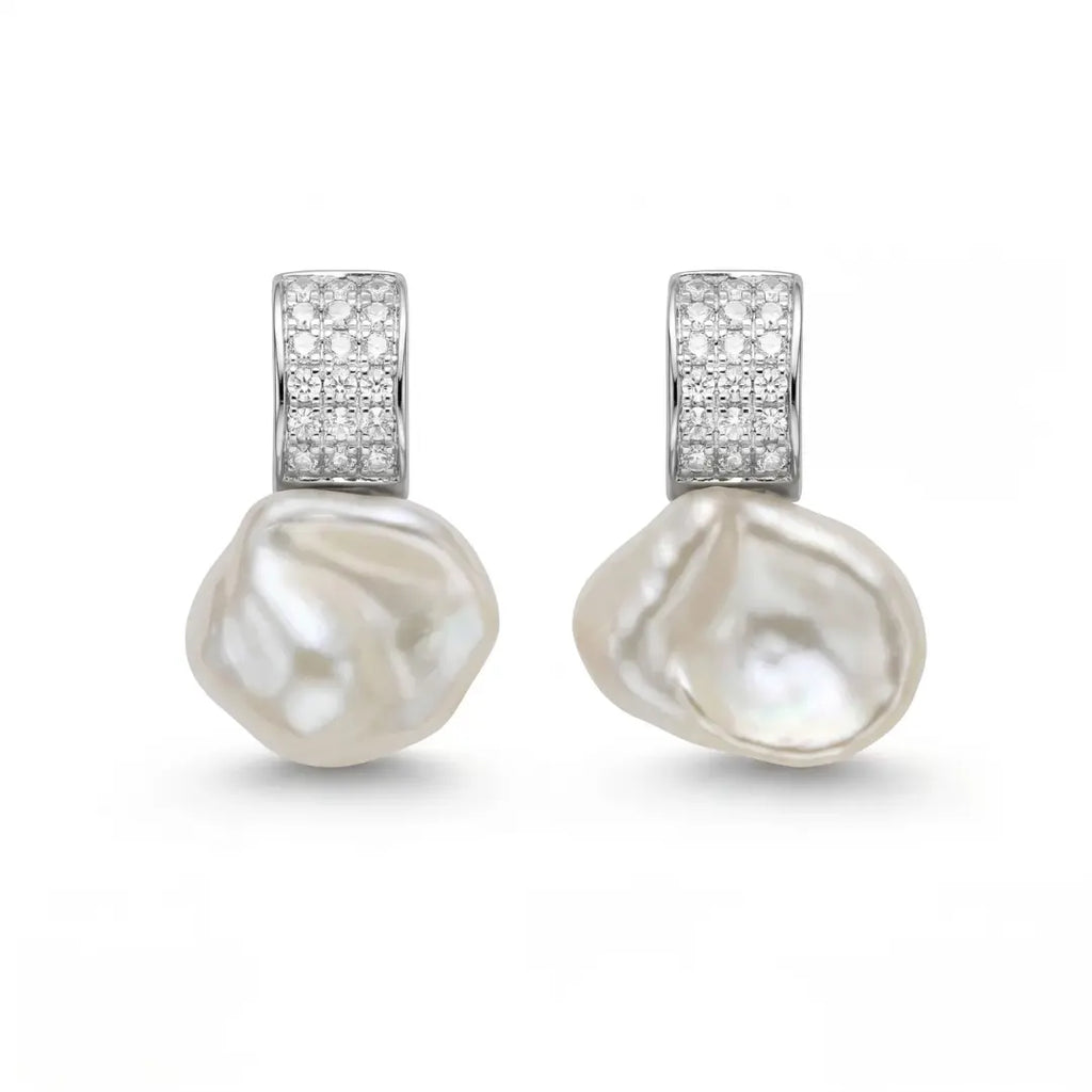 White Baroque Pearl Pave Huggie Earrings, Sparkling CZ Rhodium 925 Silver