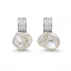White Baroque Pearl Pave Huggie Earrings, Sparkling CZ Rhodium 925 Silver