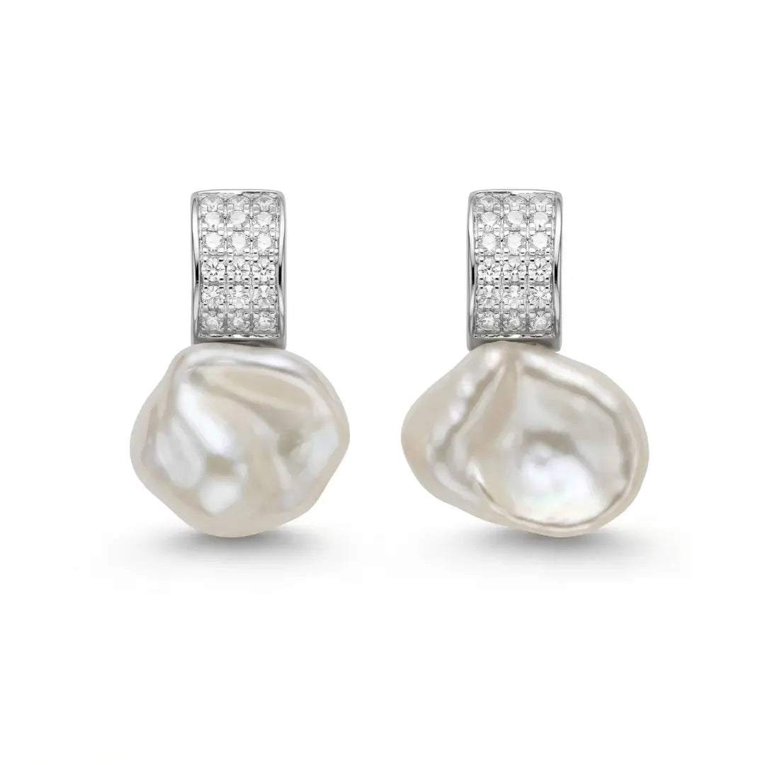 White Baroque Pearl Pave Huggie Earrings, Sparkling CZ Rhodium 925 Silver