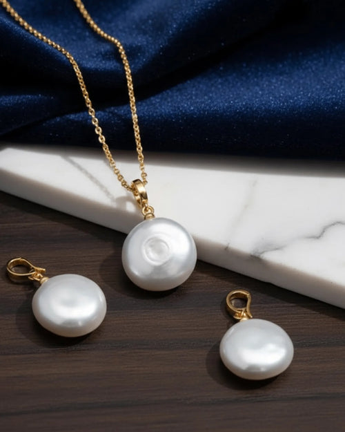 Boundaryless - AAA Natural Baroque Button Pearl & Layered Herringbone Necklace