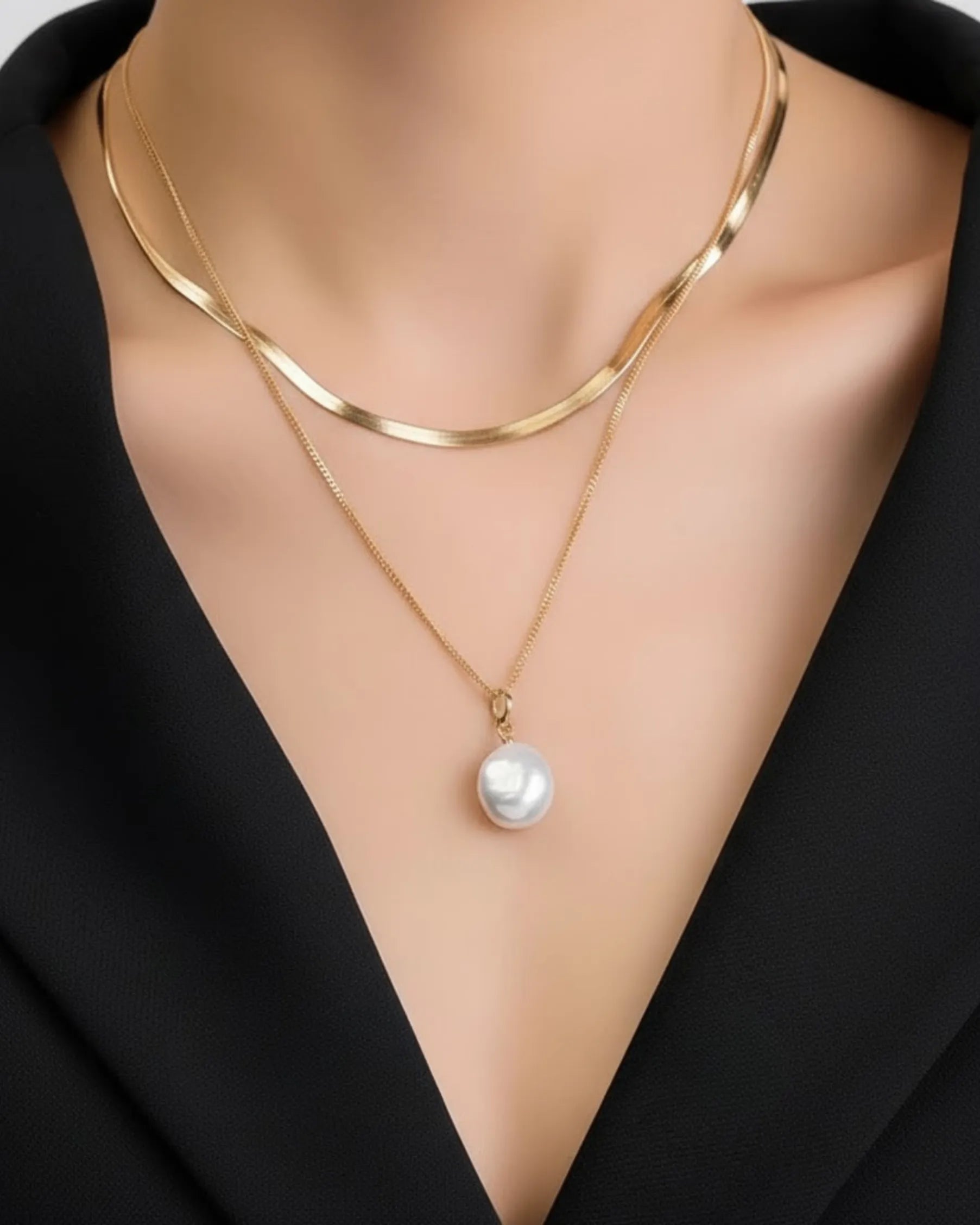 Boundaryless - AAA Natural Baroque Button Pearl & Layered Herringbone Necklace