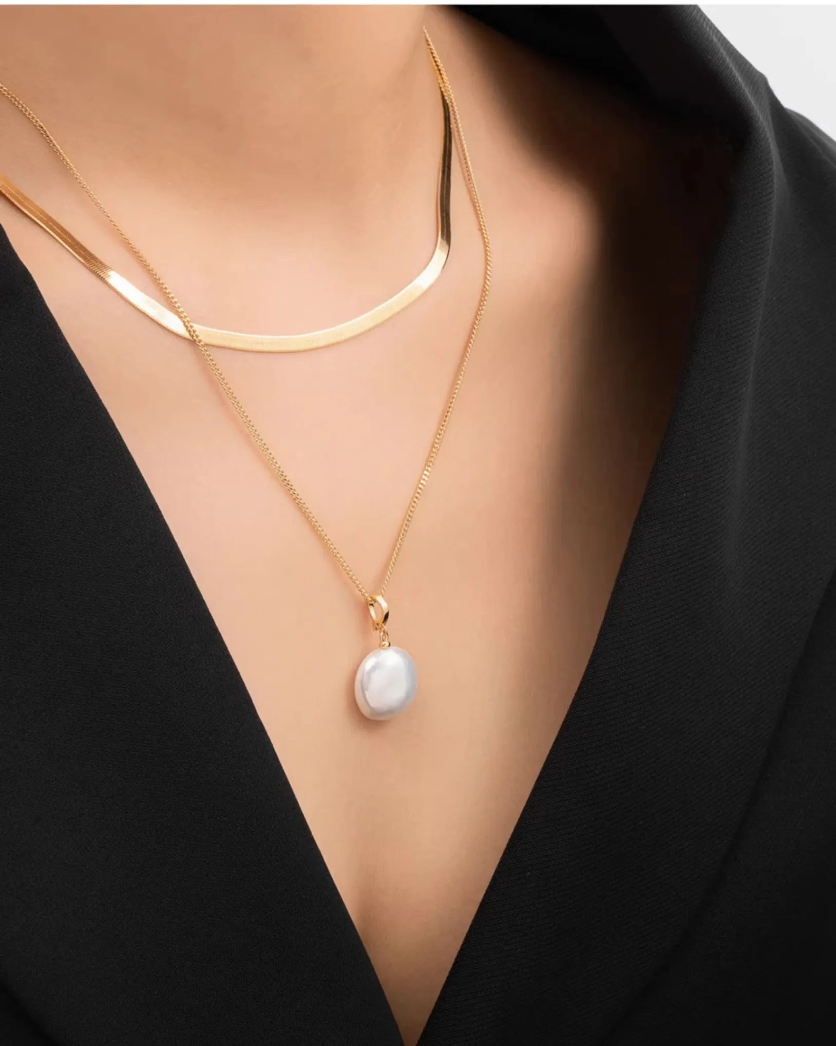 Boundaryless - AAA Natural Baroque Button Pearl & Layered Herringbone Necklace