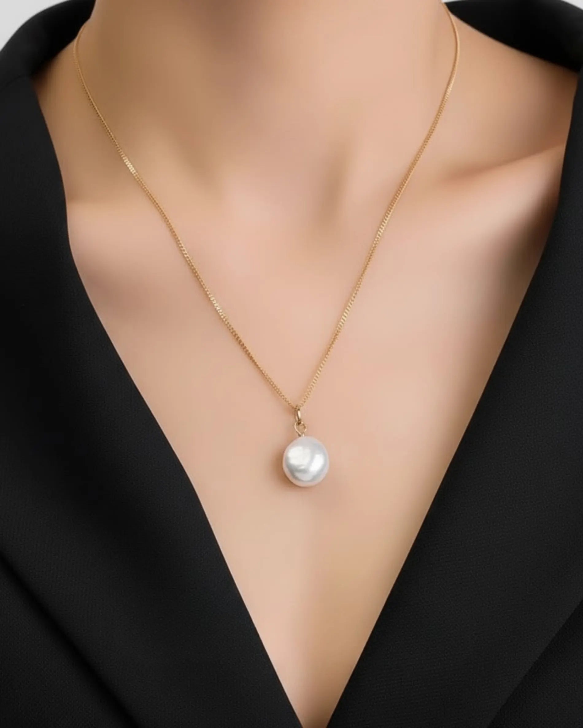 Boundaryless - AAA Natural Baroque Button Pearl & Layered Herringbone Necklace