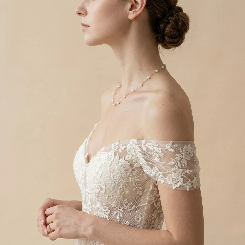 18K Solid Gold Akoya Pearl Station Necklace, 3-3.5mm Dainty Bridal Choker for Wedding Dresses