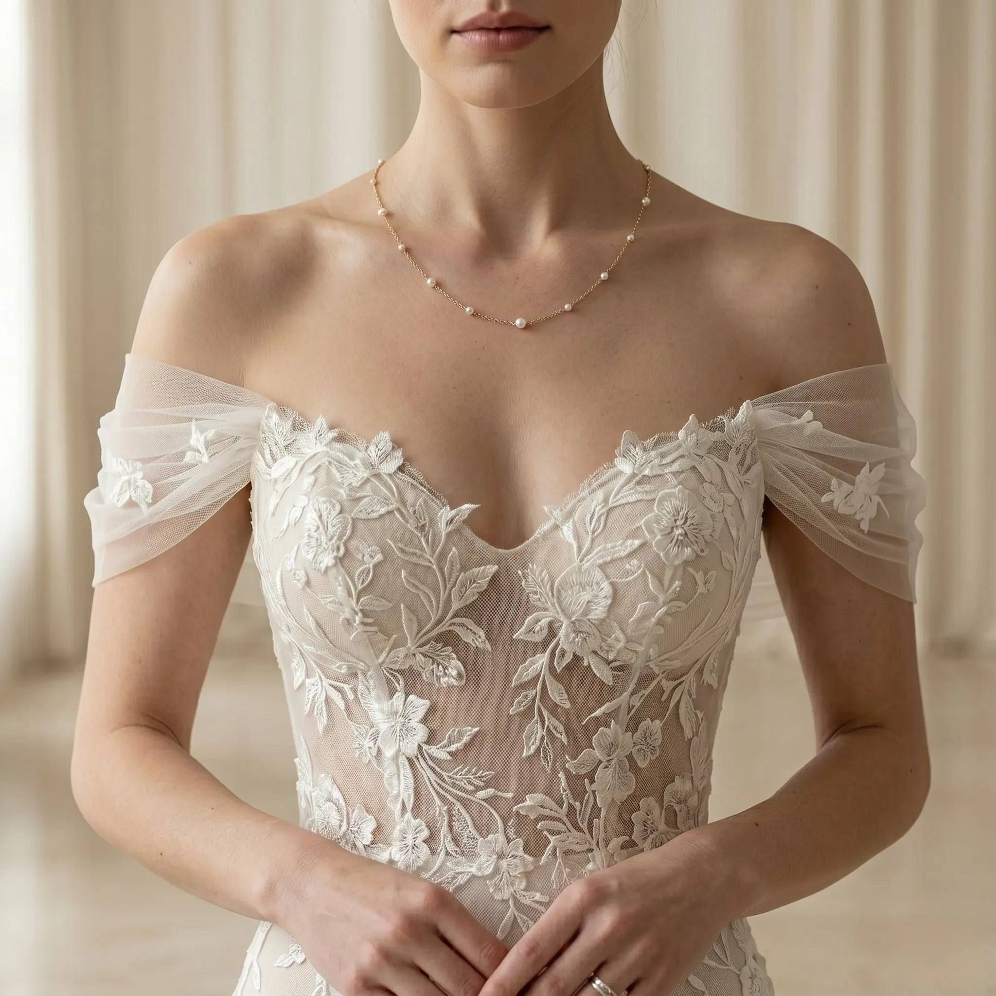 18K Solid Gold Akoya Pearl Station Necklace, 3-3.5mm Dainty Bridal Choker for Wedding Dresses