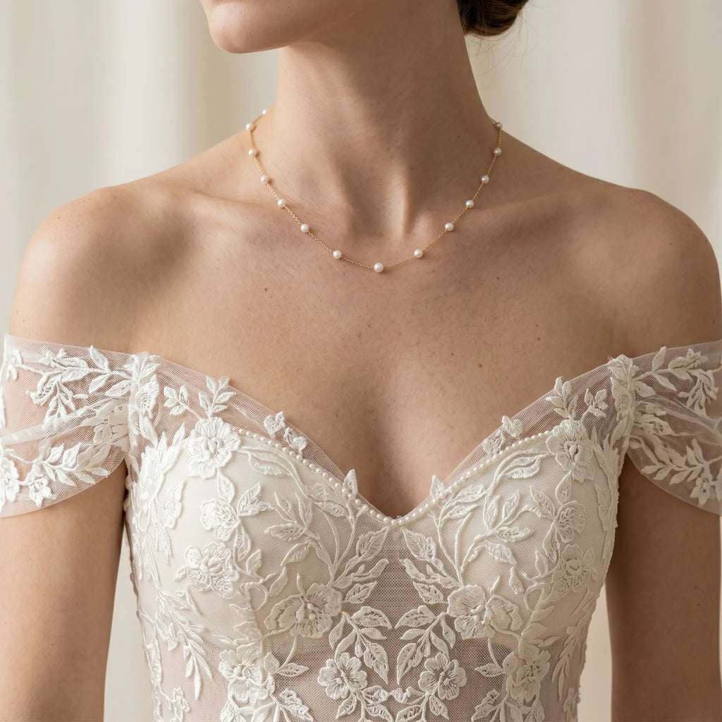 18K Solid Gold Akoya Pearl Station Necklace, 3-3.5mm Dainty Bridal Choker for Wedding Dresses