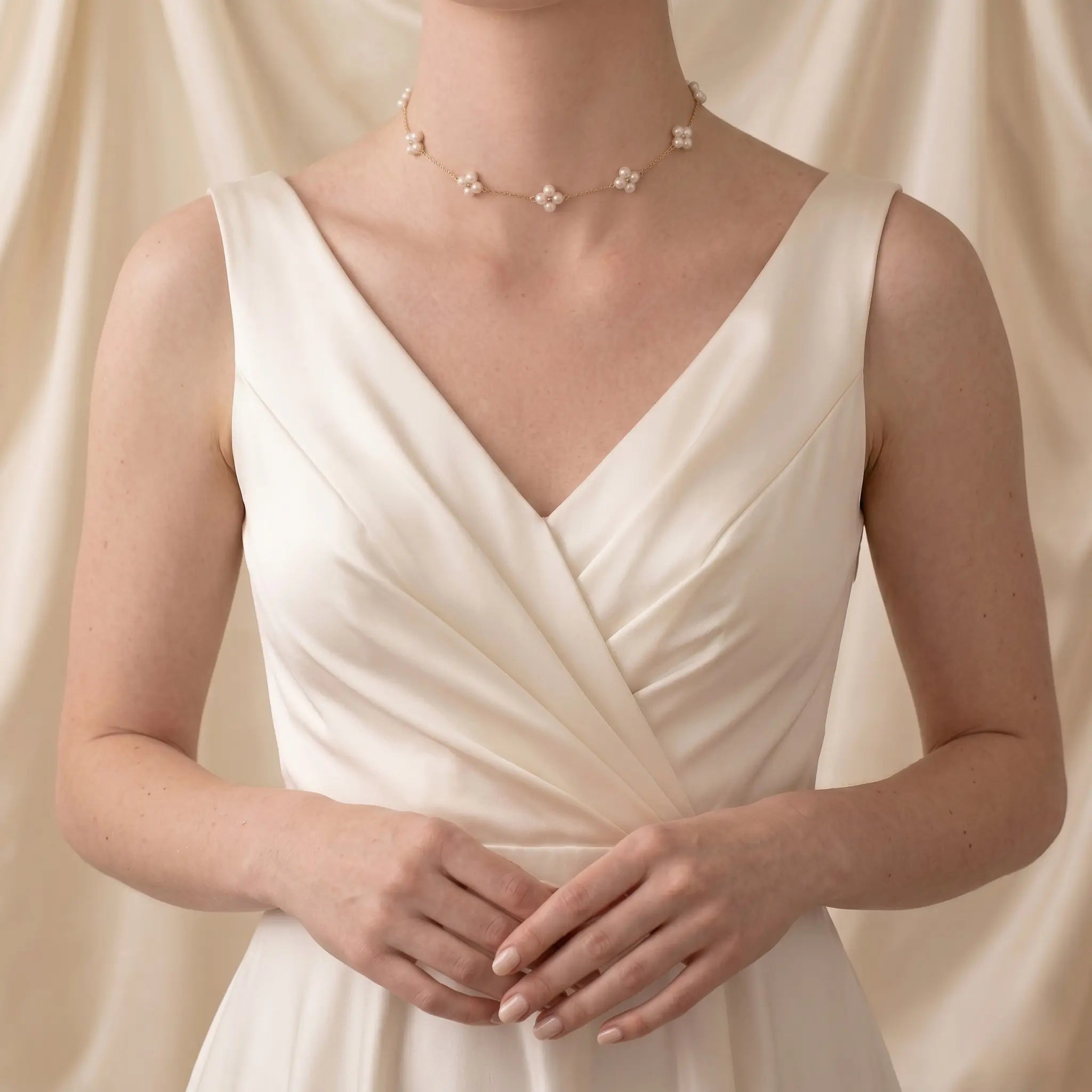 Bridal Berry Pearl Station Choker, 18K Solid Gold Wedding Necklace for Women