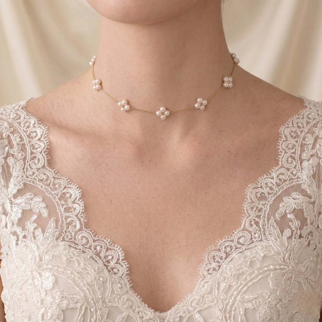 Bridal Berry Pearl Station Choker, 18K Solid Gold Wedding Necklace for Women