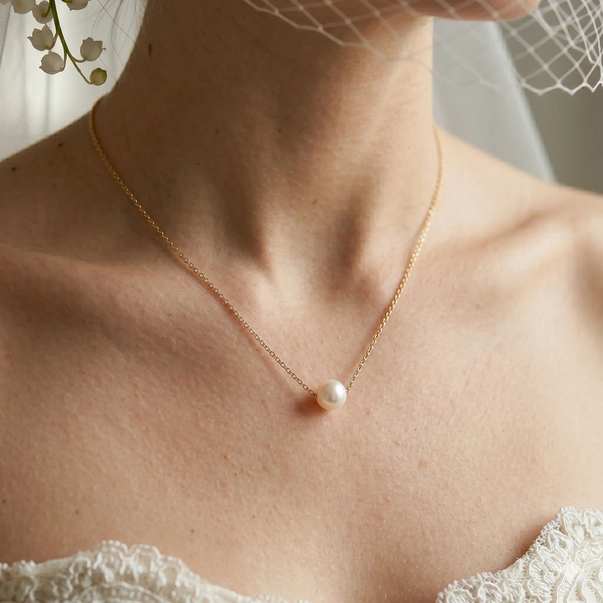 Bride's Wedding Day Pearl Necklace, Solid 18K Gold Floating Freshwater Pearl Pendant for the Bride, 9-9.5mm Luxury Bridal Jewelry