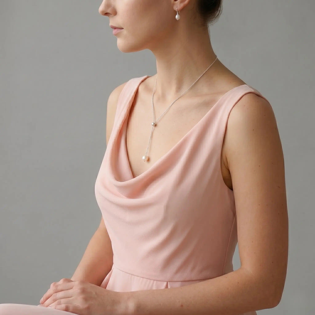 Bridesmaid Gift Pearl Necklace, 925 Sterling Silver Floating Pearl Y-Necklace for Bridesmaids
