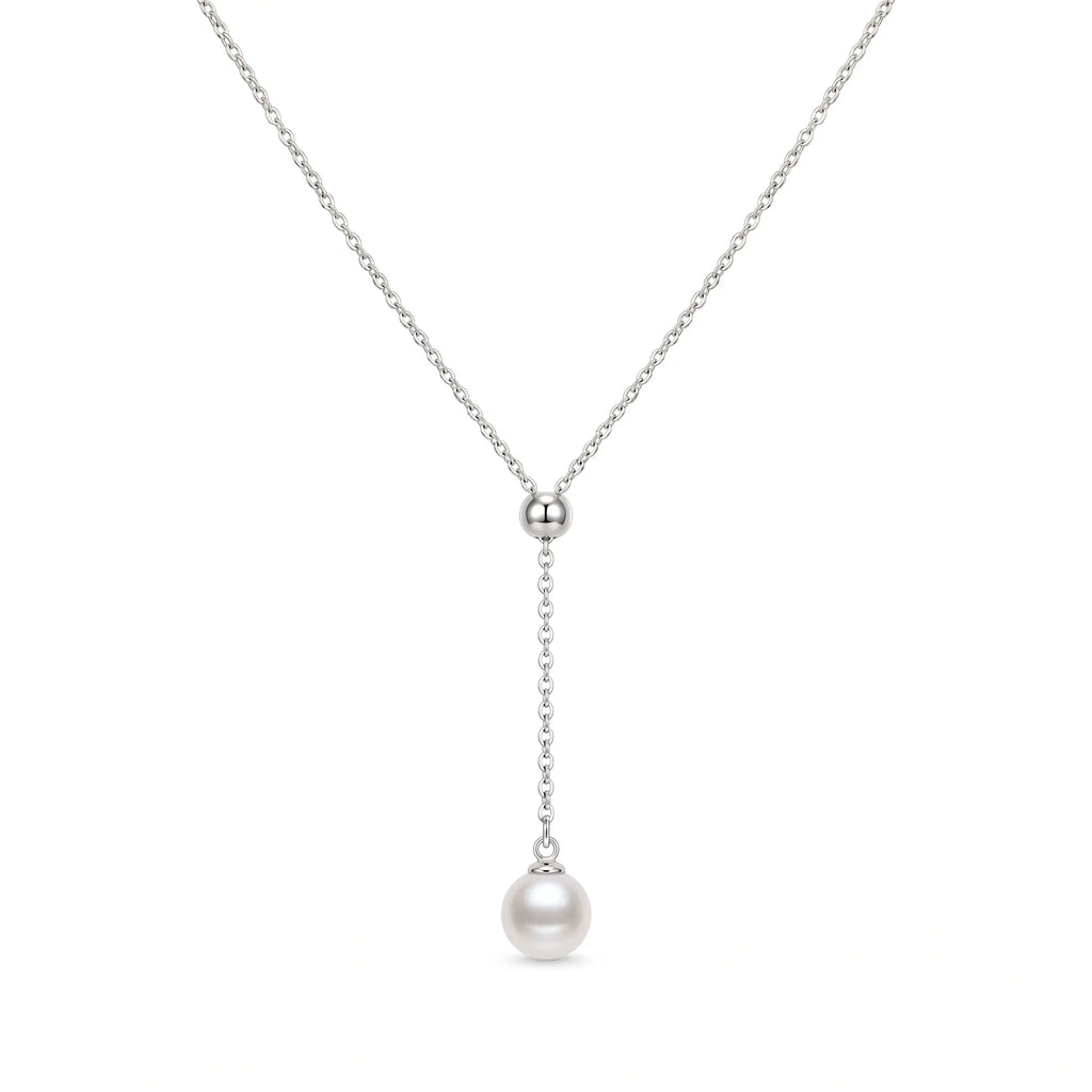 Bridesmaid Gift Pearl Necklace, 925 Sterling Silver Floating Pearl Y-Necklace for Bridesmaids