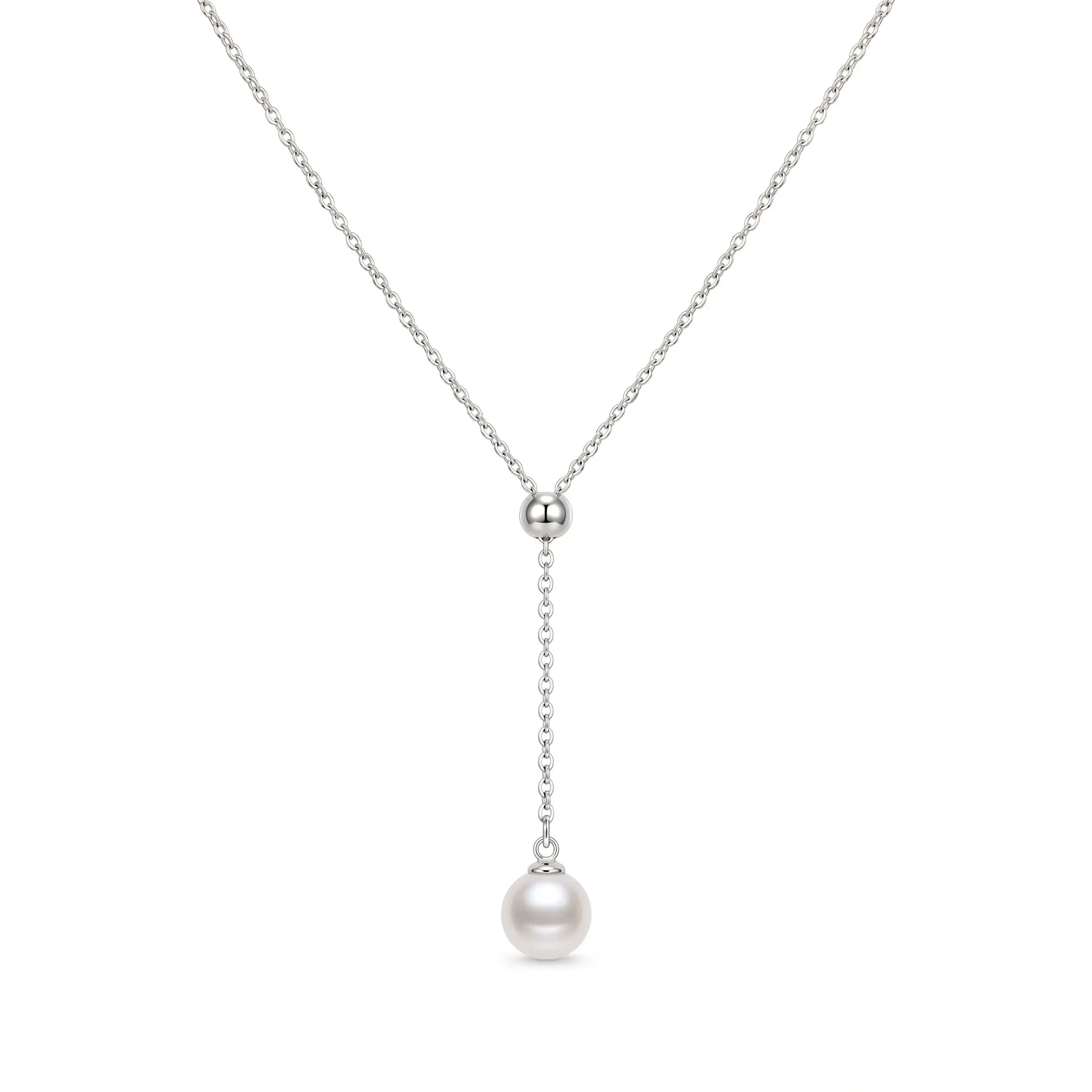 Bridesmaid Gift Pearl Necklace, 925 Sterling Silver Floating Pearl Y-Necklace for Bridesmaids