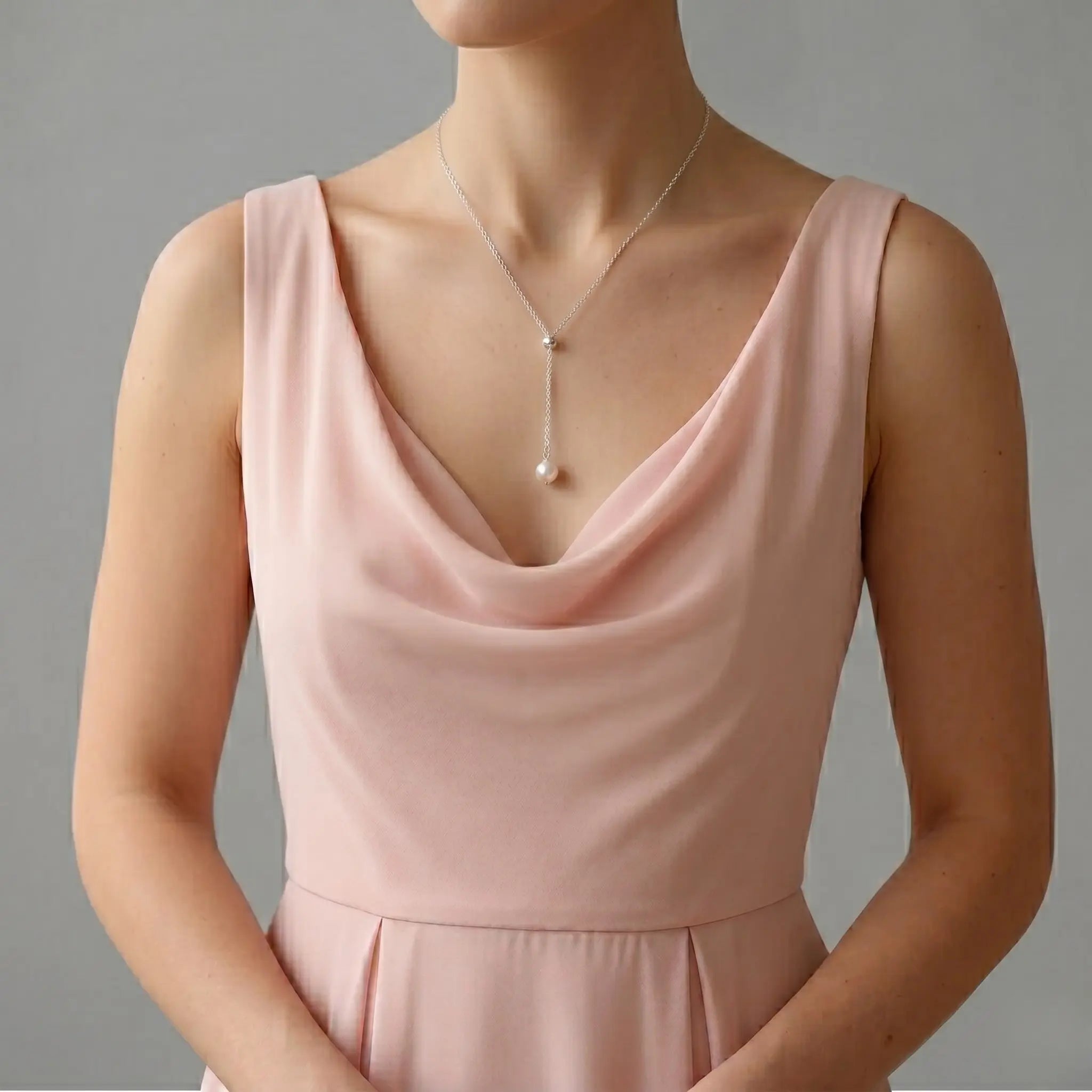 Bridesmaid Gift Pearl Necklace, 925 Sterling Silver Floating Pearl Y-Necklace for Bridesmaids