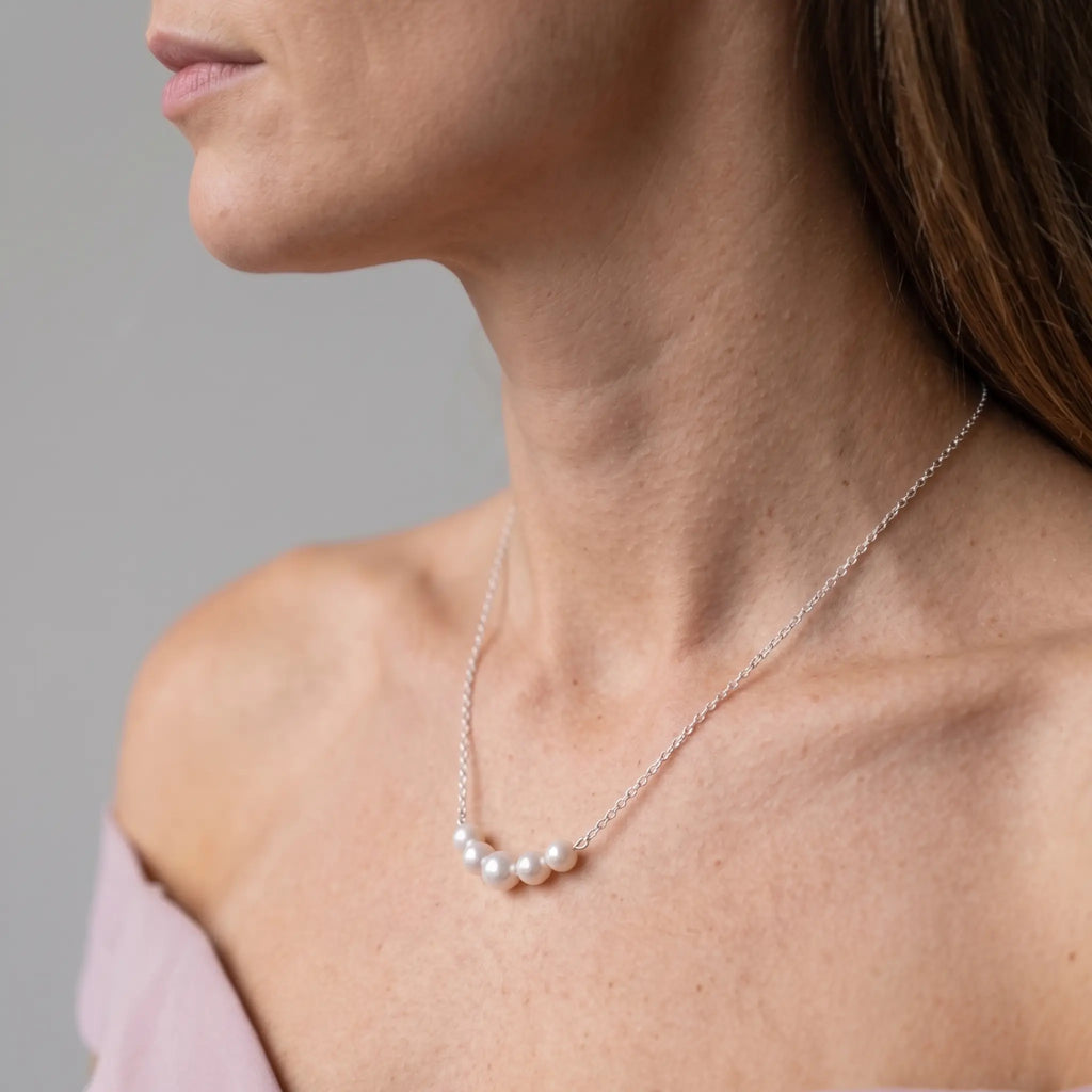 Bridesmaid Gift 925 Sterling Silver Freshwater Pearl "Smile" Bar Necklace for Brides (5-5.5mm)