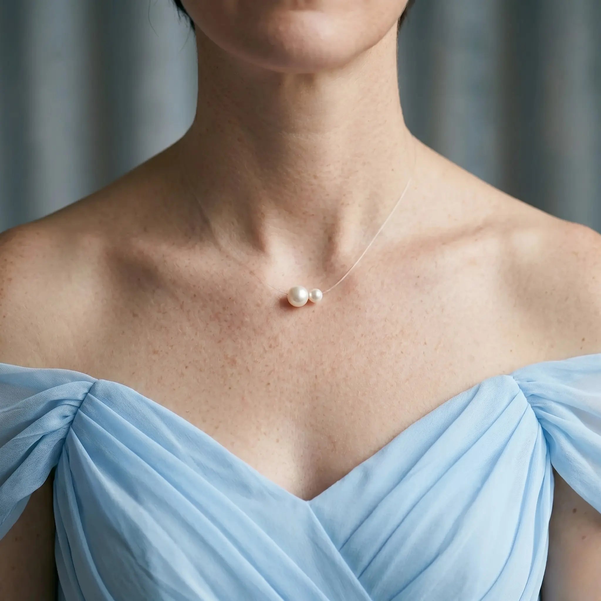 Bridesmaid Pearl Gift Necklace, 5-7.5mm Freshwater Pearl Floating Solitaire Invisible Chain
