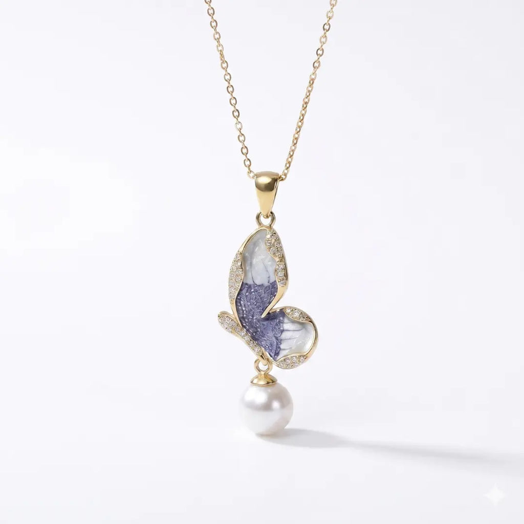 Vintage Enamel Butterfly Akoya Pearl Necklace, 7-7.5mm Japanese Pearl Pendant