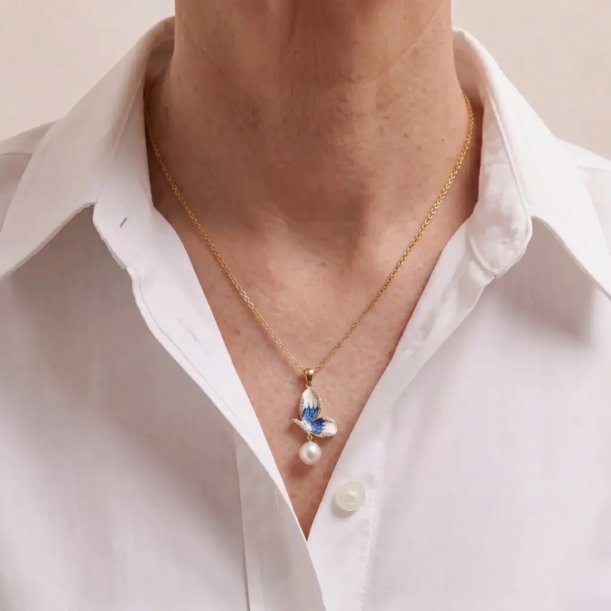 Vintage Enamel Butterfly Akoya Pearl Necklace, 7-7.5mm Japanese Pearl Pendant