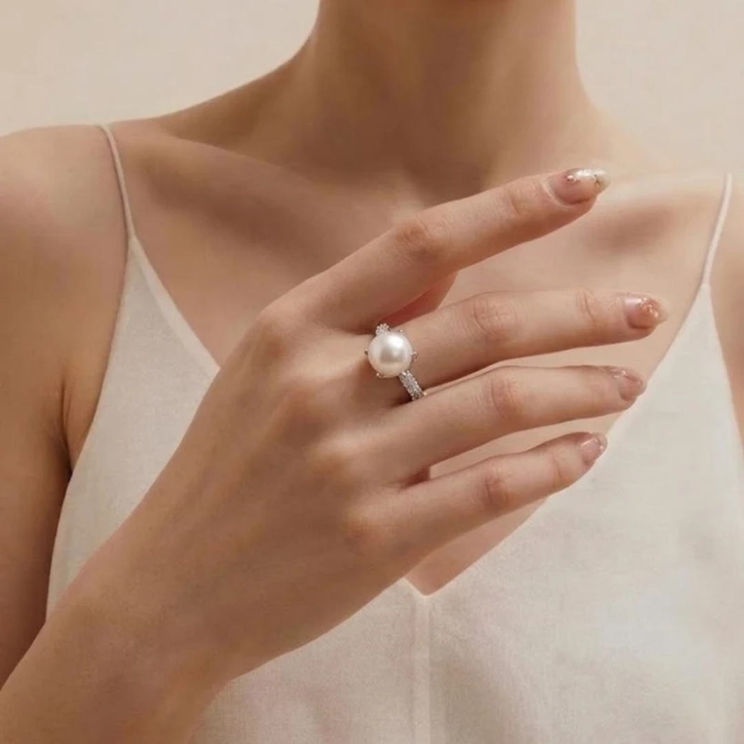 10-10.5mm Large White Pearl Ring, Adjustable S925 Sterling Silver Statement Ring