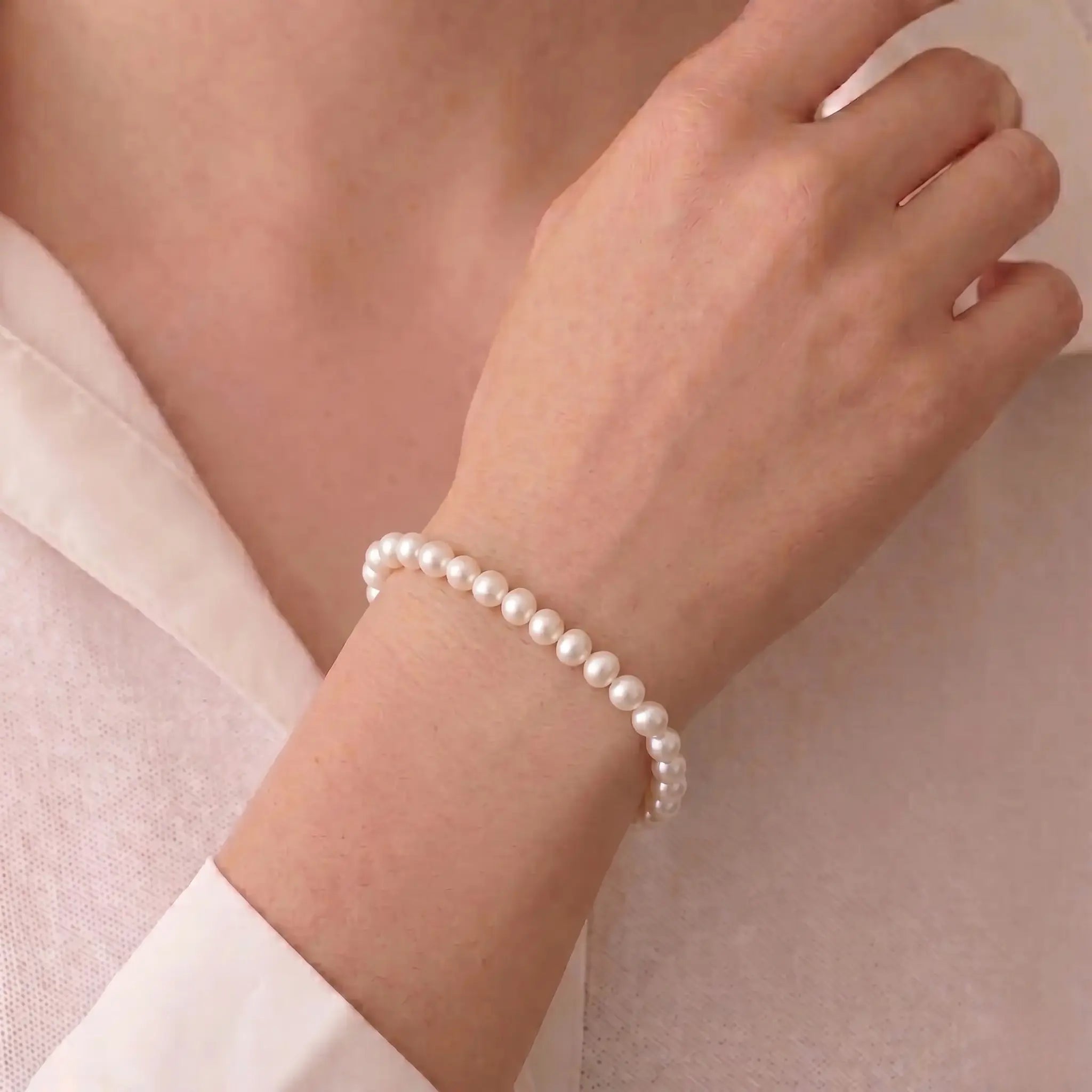 6-6.5mm Dainty White Pearl Bracelet, S925 Sterling Silver Freshwater Pearl Jewelry